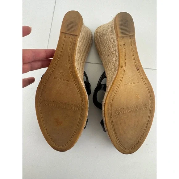 Burberry Haymarket Check Espadrille Wedge Sandals Black Patent Leather 38 7.5 8 - Picture 6 of 9